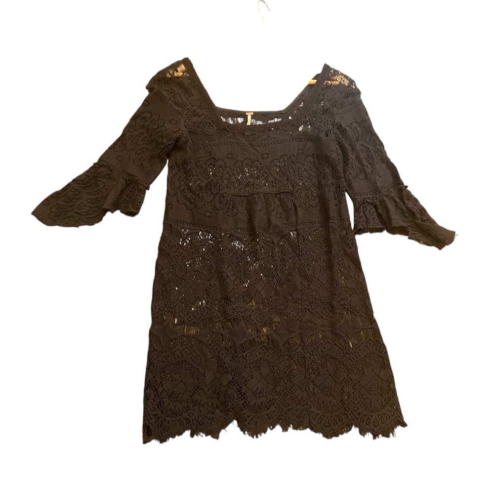 Free People Black Lace Bell Sleeve Mini Dress XS Festival Boho Crochet Tunic